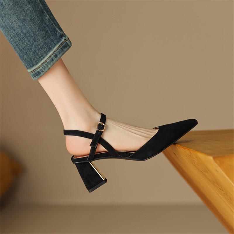 Fashion New Summer Sandals Sheep Suede Women Sandals Pointed Toe Back Strap Chunky Heel Shoes for Women Casual Shoes Zapatos De Mujer
