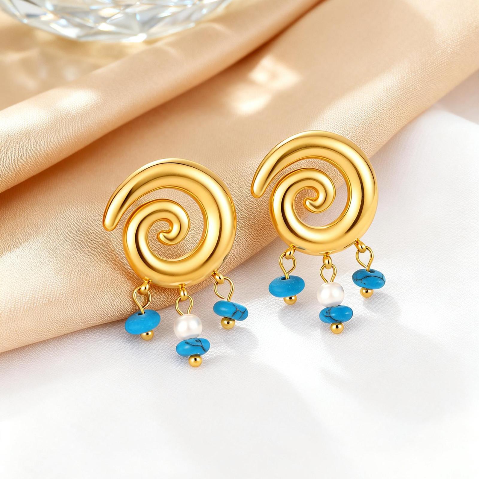 

Exquisite Stainless Steel Spiral Hoop Earrings for Women Unusual Turquoise Imitation Pearl Earrings Gold Color Party Jewelry