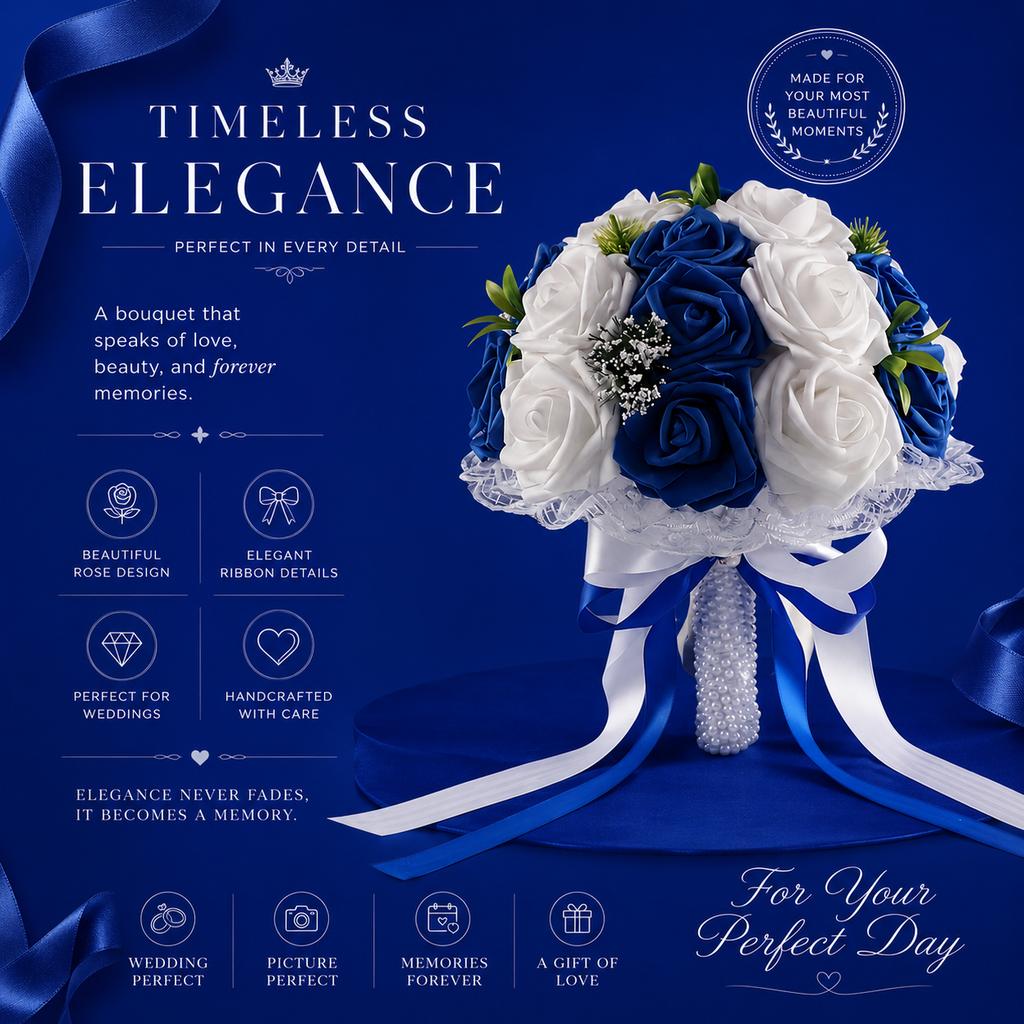 Elegant Blue & White Foam Rose Bridal Bouquet with Lace Trim Satin Bow and Pearl Handle for Wedding Ceremony