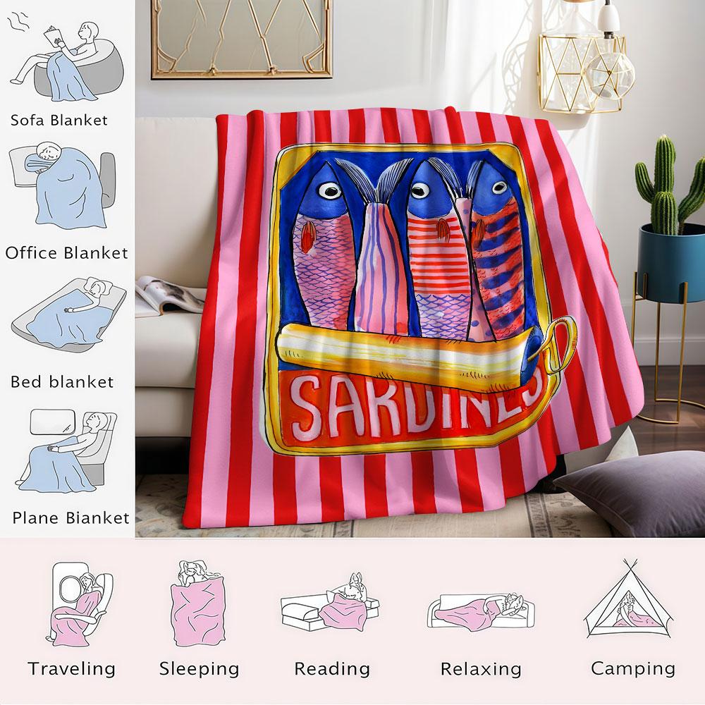 Retro Sardine Can Stripe Flannel Blanket Perfect for Sofa Office Bed Travel Sleep Read Relax Camping four season use