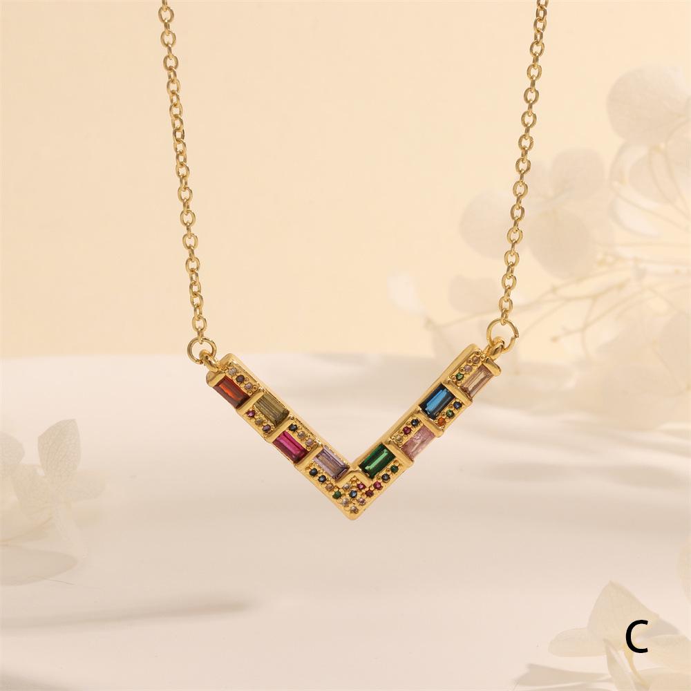 Colorful T-Shaped Zircon Pendant Necklace with Star Clavicle Chain for Women