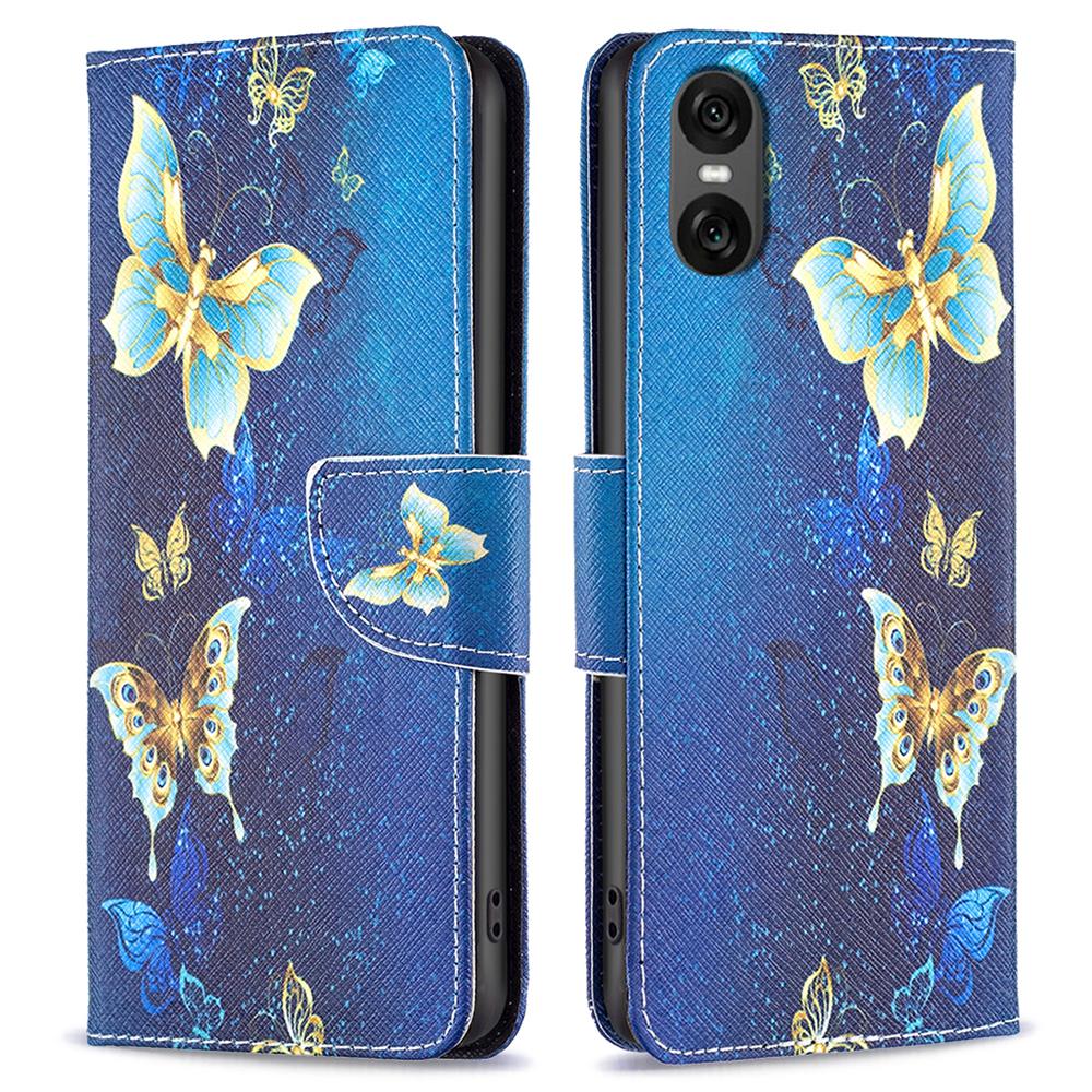 

For Sony Xperia 10 VI Cell Phone Case Pattern Printing Leather Flip Stand Wallet Cover Golden Butterflies