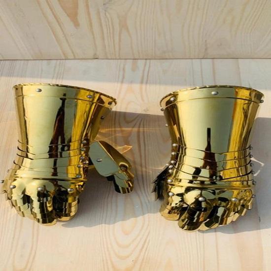Medieval Steel Gothic Knight Golden Gloves, Battle Warrior Functional Gauntlets, Armour Gloves Crusader Accents Christmas Gift Item