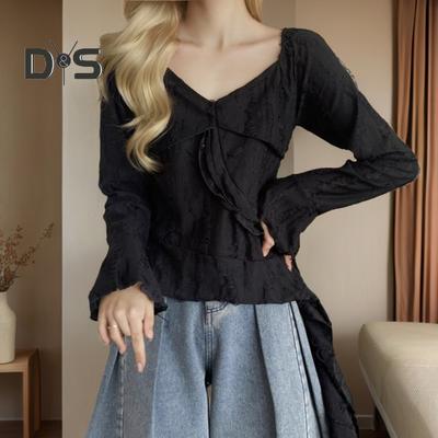 Dame Topper V-hals Vidde Langermet Smal Passform T-skjorte Ensfarvet Volangkant Sting Topper med Uregelmessig Kant Hull Design T-skjorte