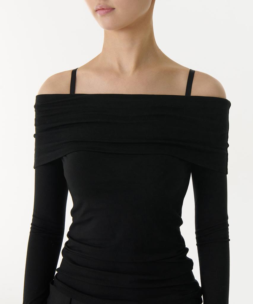 MUSINSA STANDARD WOMAN Women'S Tencel Turn Down Off-Shoulder Long Sleeve T-Shirt [Black]