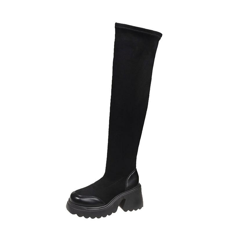 Small thick-soled high-heeled elastic thin socks boots 2025 autumn and winter new retro Maillard knee boots women