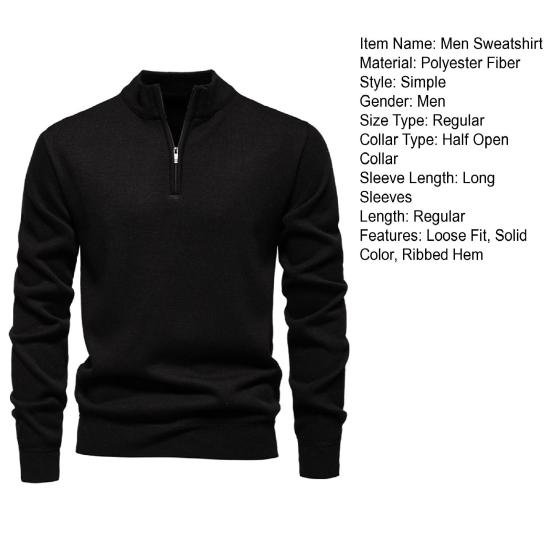 Men Sweatshirt Stand Collar Zipper Half Placket Long Sleeve Pullover Tops Solid Color