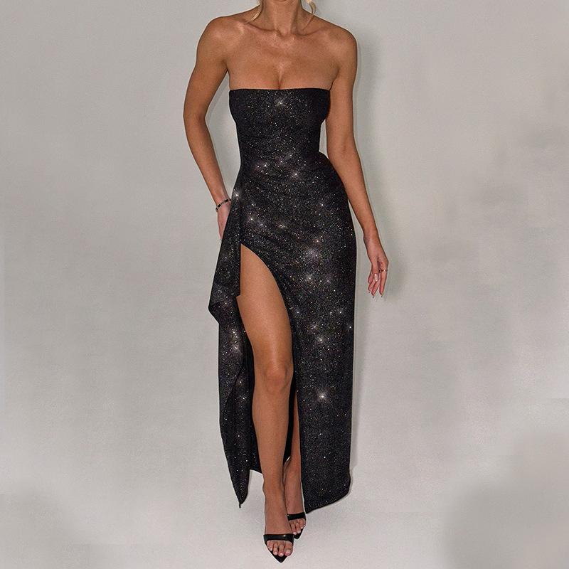 Summer new celebrity temperament sexy slim glitter tube top split dress women