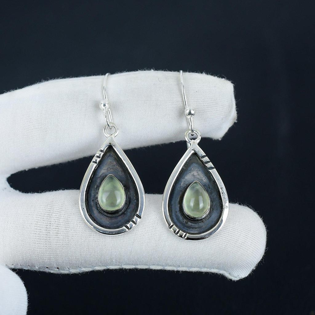 Natürliche Prehnit Edelstein Ohrringe, 925 Sterlingsilber Ohrring, Handgefertigter Boho Silber Schmuck Hängeohrringe, Jubiläumsgeschenk