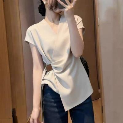 French Style V Neck Short Sleeve Slim Fit Casual Commute Blouse For Women