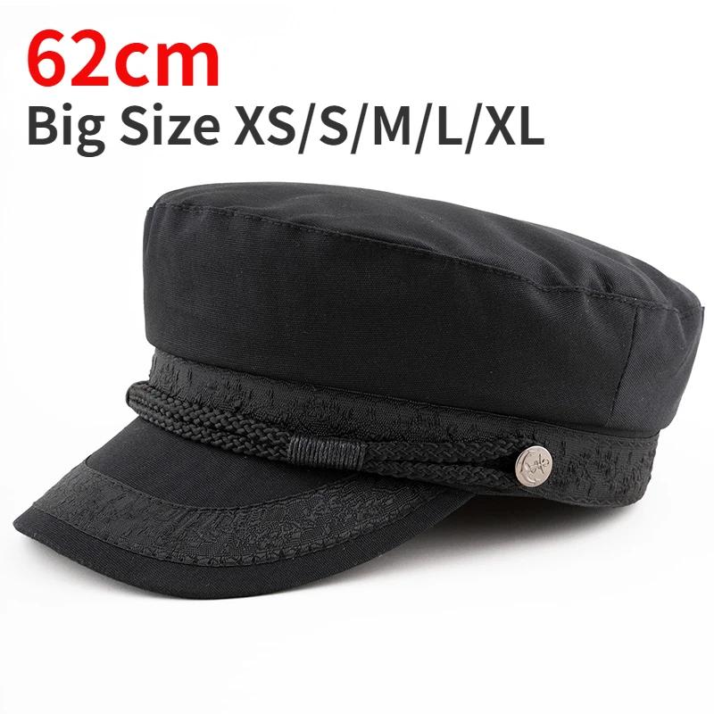 Große Größe 62cm Militärhut Mode Marinekappe Unisex Herren Flacher Schirm Seemannskapitän Hut Baumwolle Herbst Retro Schwarze Mütze