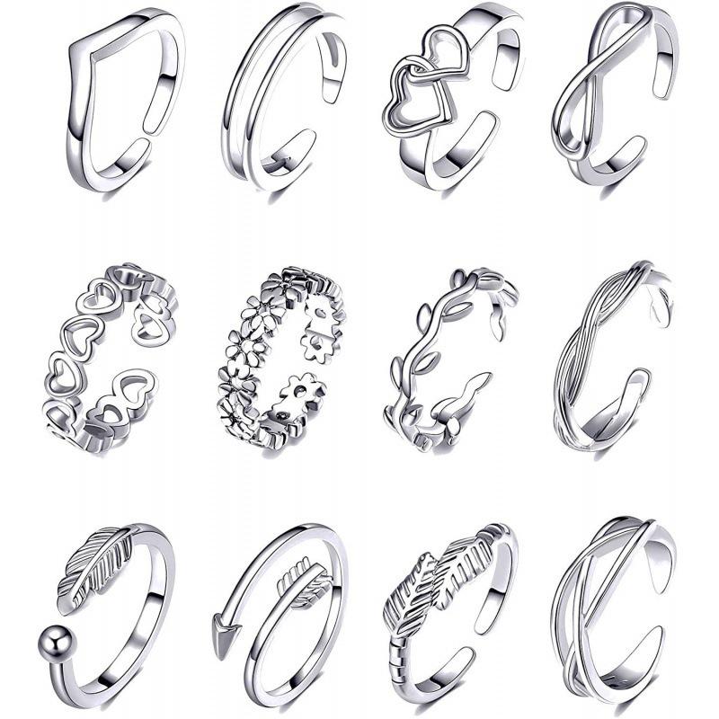 12-Piece Vintage Adjustable Beach Toe and Pinky Rings with Hollow Heart Designs