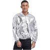 Mens Metallic Shiny Bomber Jacket Long Sleeve Front Zipper Striped Trim Coat