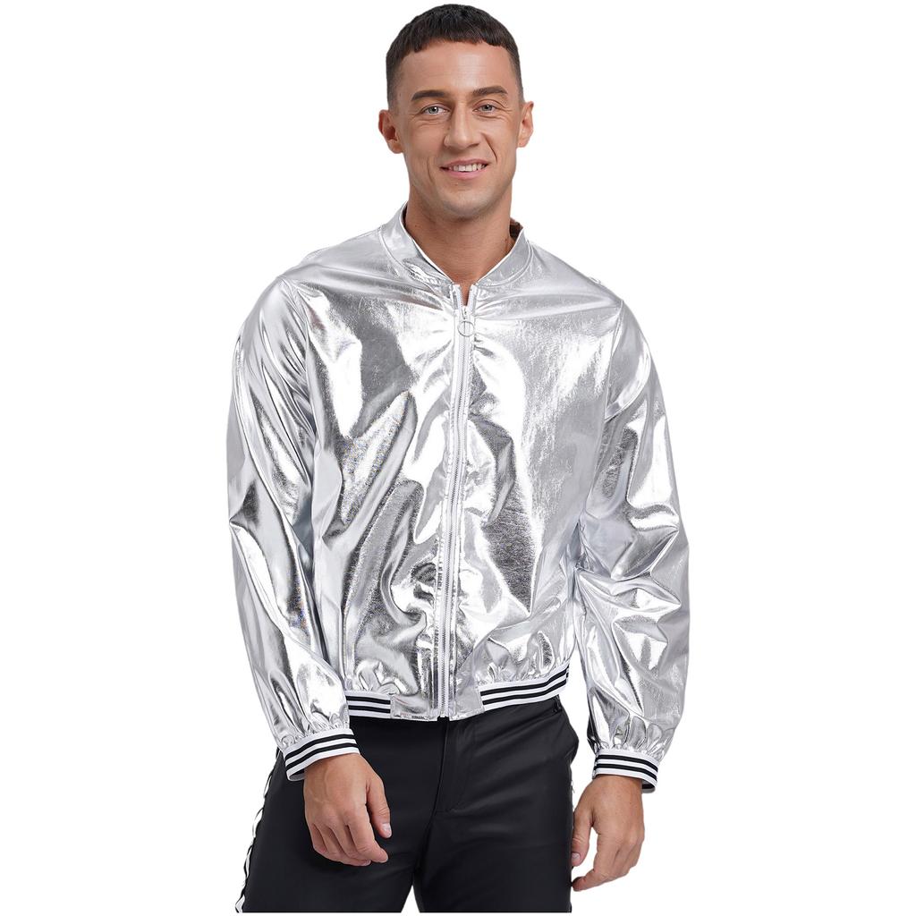 Mens Metallic Shiny Bomber Jacket Long Sleeve Front Zipper Striped Trim Coat