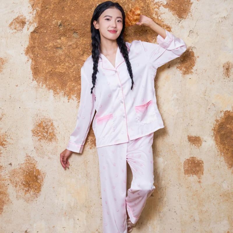 

Милая розовая пижама с отворотами, пижамный комплект, домашняя одежда, шелковая атласная повседневная пижама, рубашки с длинным рукавом и брюки, домашняя одежда XL