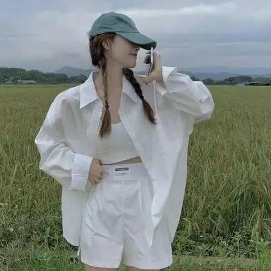 

Женская розовая клетчатая рубашка-куртка с воротником поло - Лето 2024, средней длины, защита от солнца, топ с длинным рукавом 2XL белый