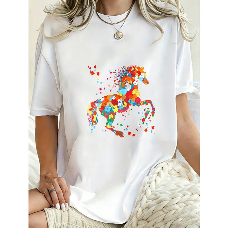 Oversized T Shirt Dress Black Colorful Horse Print Casual Streetwear Style For Women