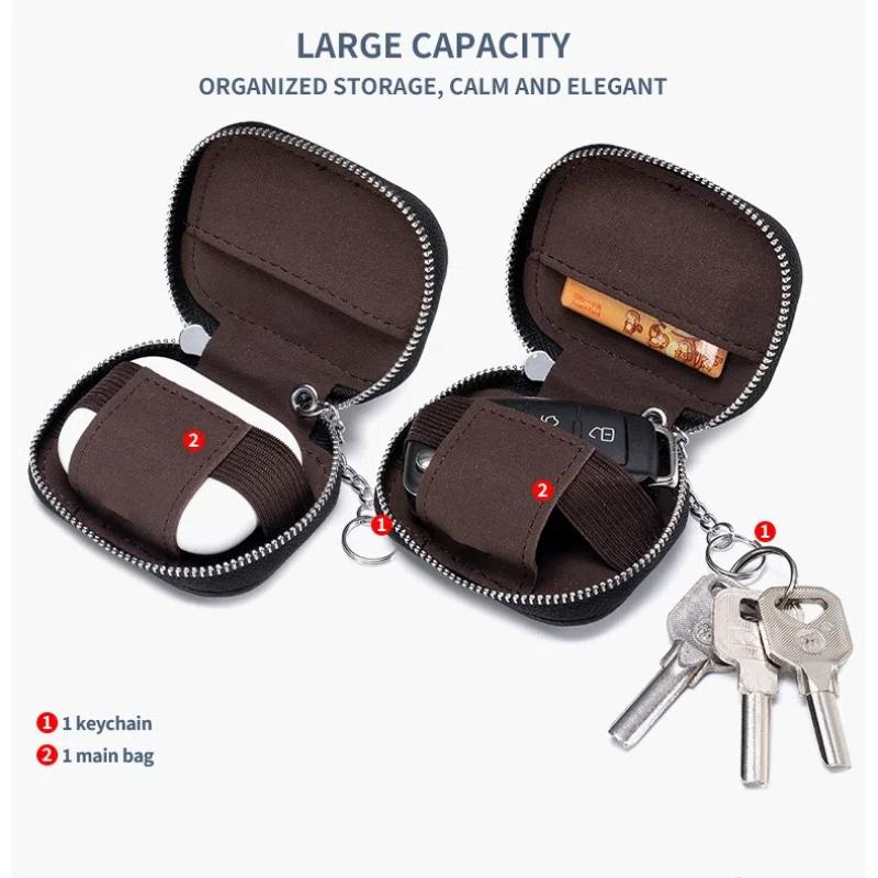 Estuche protector de cuero genuino de color sólido con cremallera cuadrada pequeña para auriculares y llaves Estuche protector de cuero de vaca Estuche para auriculares Bluetooth