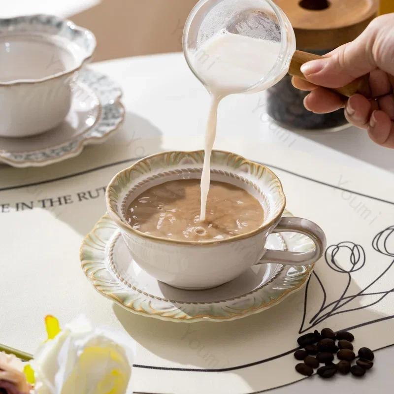 Light Luxury Retro Ceramic Cups Home Afternoon Tea Party Coffee Cup Creative Relief Exquisite Coffee Cup Plate Set Birthday Gift