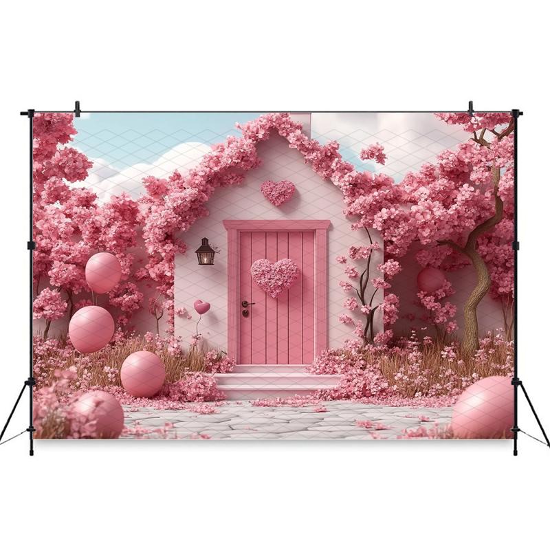 Mocsicka Valentine's Day Photo Backdrop Pink House Tree Balloons Flowers Wallpaper Decorations Wedding Backgrounds Studio Banner