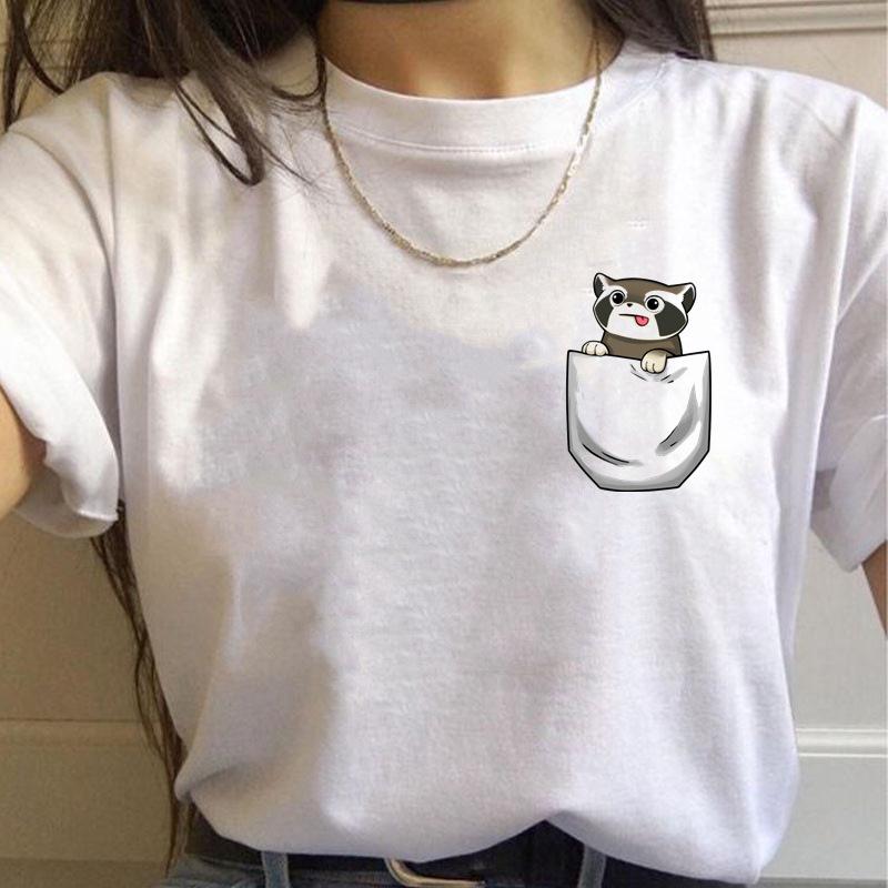 Korean Style Casual Short-Sleeved T-Shirt for Women Spring/Summer Cartoon Panda Print Loose Base Shirt Polyester Fabric