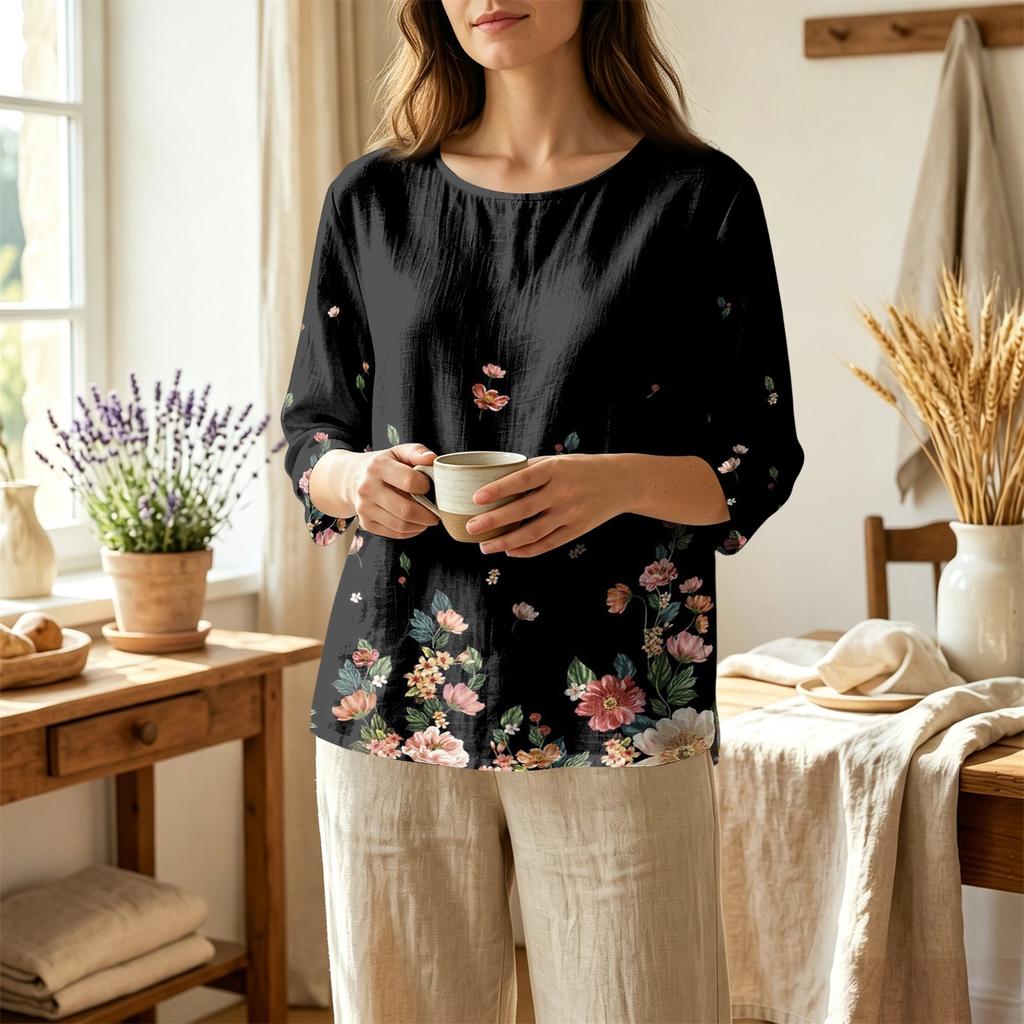 Damen Freizeitbluse mit Blumenprint, Rundhalsausschnitt, Dreiviertelärmel, Leinen-Baumwollmischung, Lockerer Schnitt, Leichtes Oberteil für den Alltag