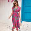 Women Summer High Waist A Line Dress Ethnic Printed Short Sleeve Lace Up