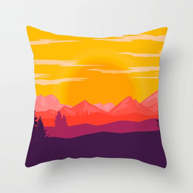 Cartoon Illustration Sunset Landscape Printed Pillowcase Living Room Sofa Bedroom Home Decoration Cushion Cover