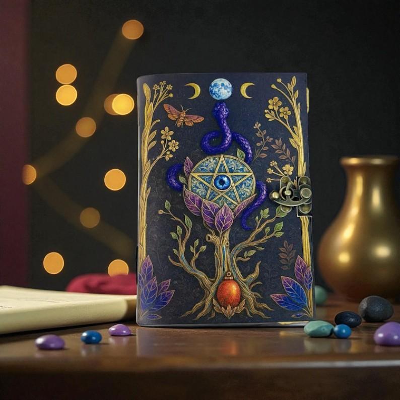 Mystic Pentacle Leather Journal | 5×7" Handmade Deckle Edge Paper | Wiccan Moon & Serpent Art Notebook | Vintage Occult Grimoire with Lock