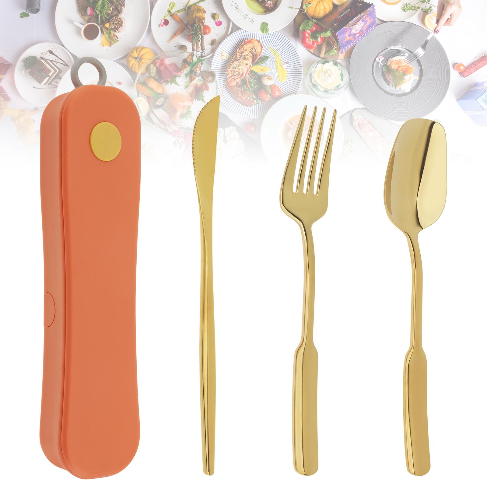 3pcs Stainless Steel Portable Tableware Fork and Spoon Set Reusable Cutlery Set with Rotating Box