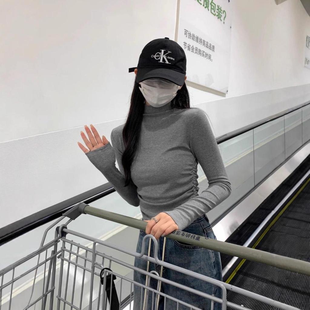 Women's Spicy Girl Gray Ruched Slim-Fit Long-Sleeve Turtleneck Top for Autumn/Winter