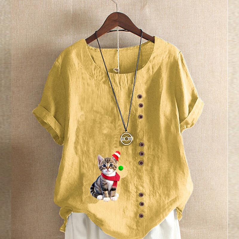 Women's Fashion Cat Prined Short Sleeve T-shirt Loose Cotton Shirt Casual Loose Summer Blouse Tops Plus Size