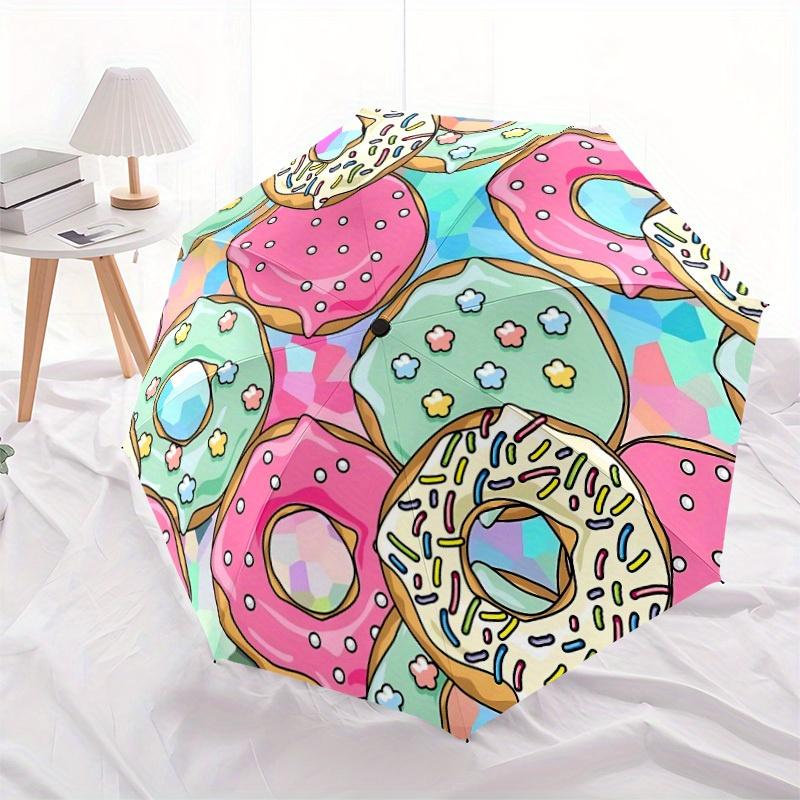 1pc Donut Pattern Automatic Opening/Closing Folding Umbrella with 65 Ribs, Plastic Handle, Windproof Portable Sunshade Umbrella Halloween an