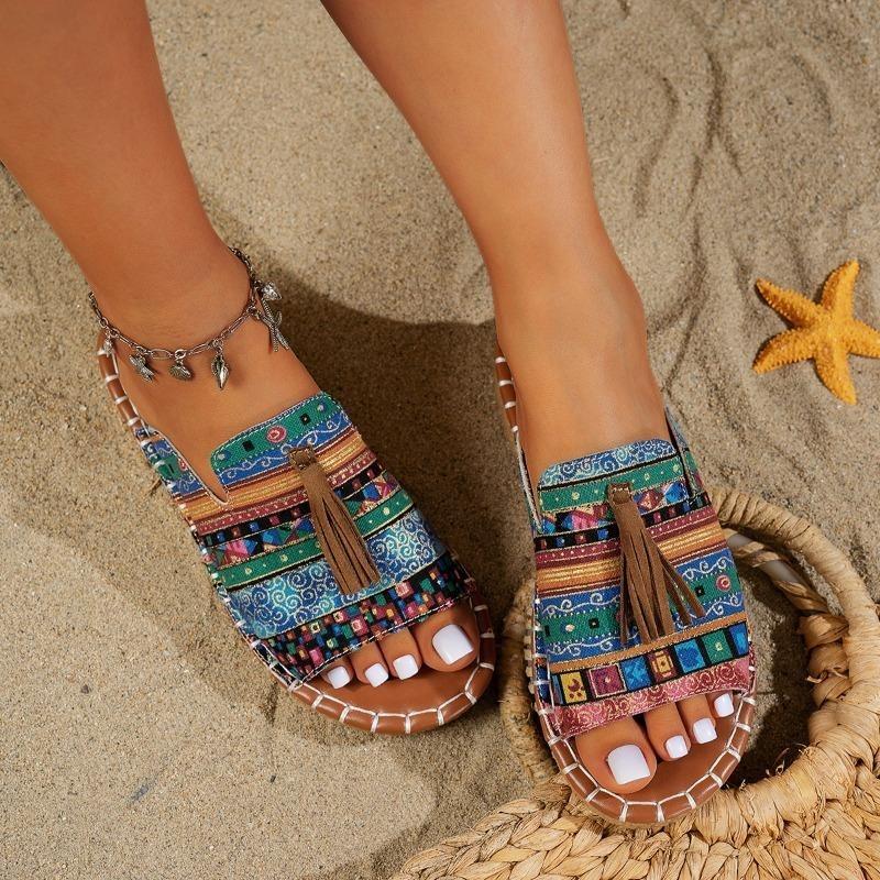 Bohemian Flat Sandals for Women - 2025 Summer New Fringe Design - Size 43 Beach Sandals
