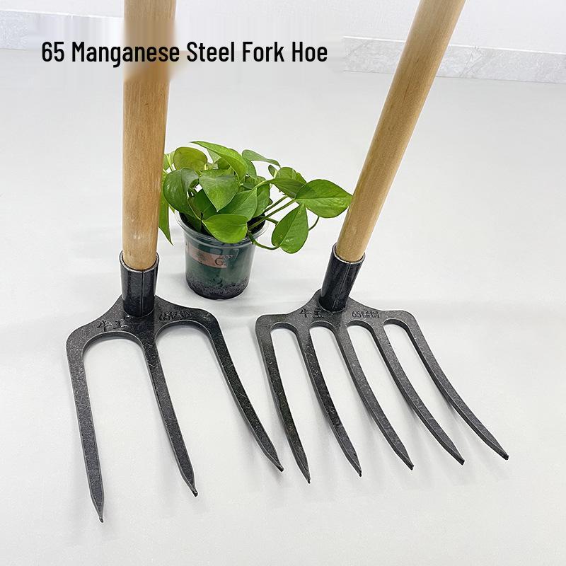 Multi-Tined Agricultural Hoe and Rake for Soil Loosening, Tilling, and Digging 65 Manganese Steel Two-Tined Fork Hoe