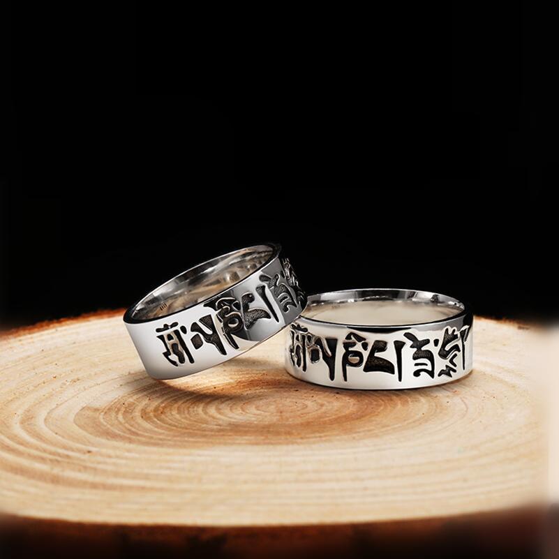 Real Silver Spell Carving Closed Ring S925 Streling Silver Buddha Mantra Ring Man Woman Letter Religious Script Jewelry
