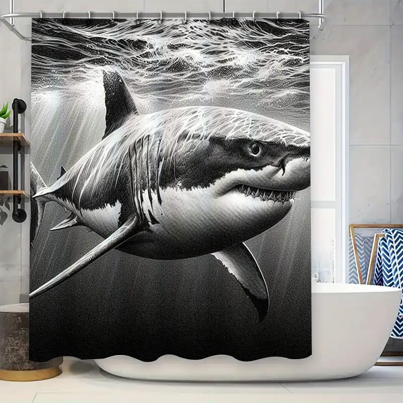 

Black White Shark Underwater Scene Bathroom Shower Curtain Decorative Waterproof Home Bath Linen Artistic Print W60H190(CM)-1 Pcs