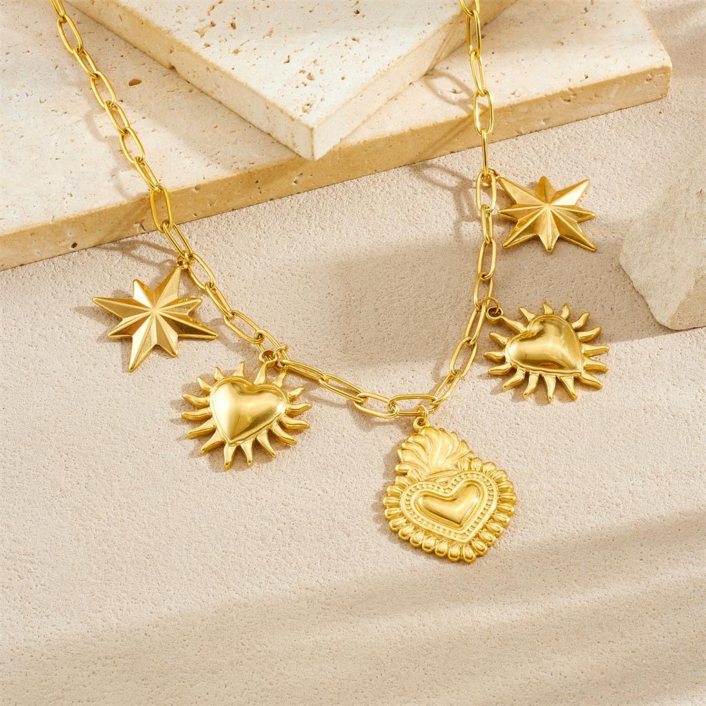 DIEYURO 316L Stainless Steel Golden Trend Heart Sun Star Pendant Necklace For Women New Fashion Waterproof Neck Chain Jewelry