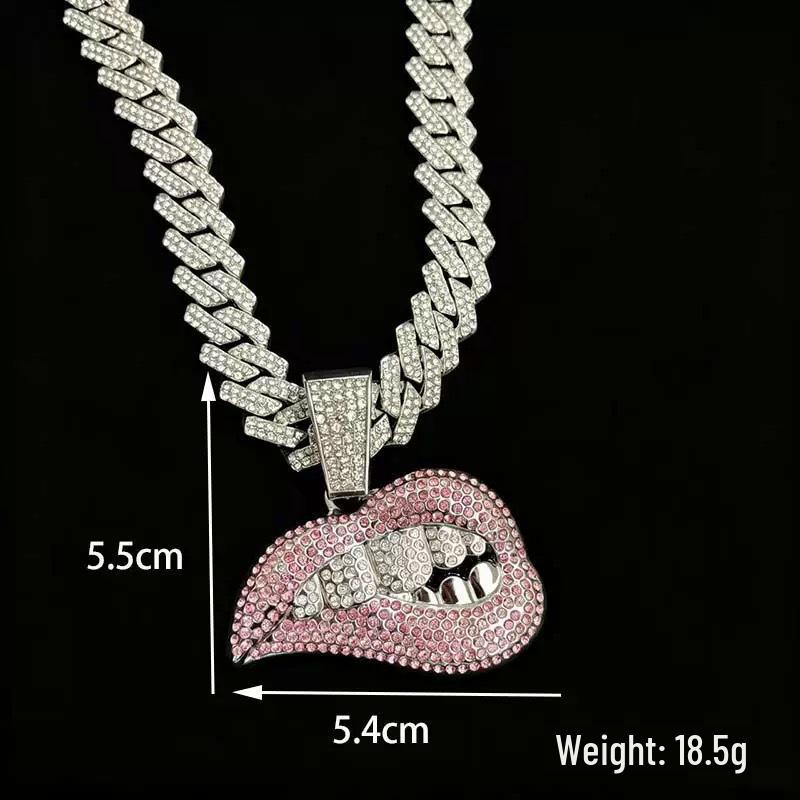 Colorful Diamond Biting Lips Pendant Necklace – Creative Hip Hop Cuban Chain