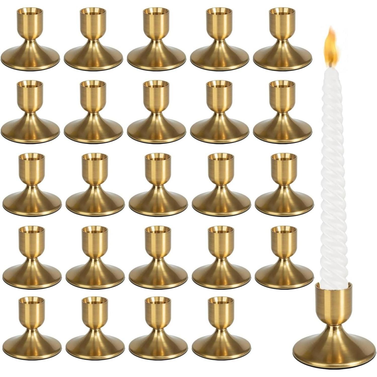 Gold Candle Holders Metal Taper Candlesticks Holders Short Skinny Brass Candlestick Holders Candlestick Holders Bulk for Wedding Thanksgiving 24-Pack