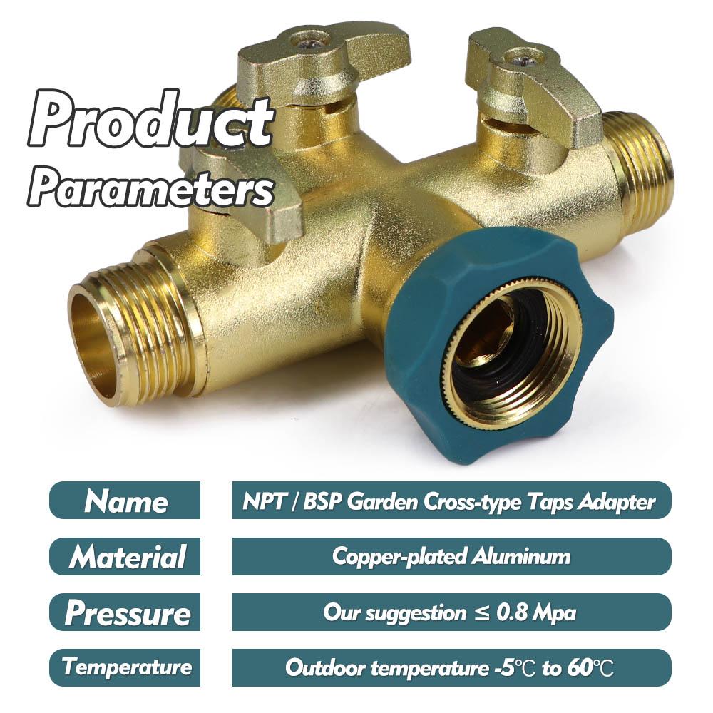 NPT/BSP 3/4" Cross Type Garden Taps Adapter Copper-plated Aluminum Heavy-duty Faucet for Garden Irrigation Connector Stop Water