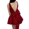 Women's Red A-line Dress: French Heiress Style, Bow Backless, Spaghetti Straps, Waist-Cinching, Fluffy Skirt