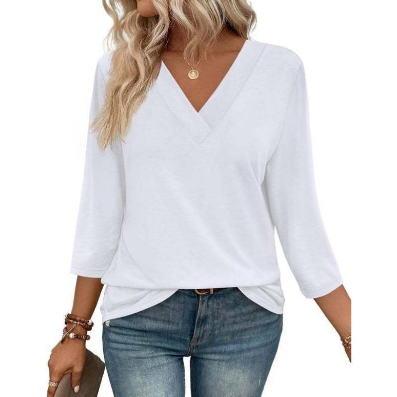 Women V Neck Three Quarter Sleeve Knit Casual Top S