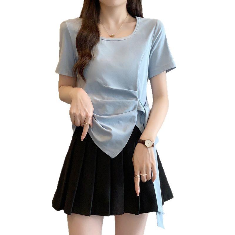Irregular summer bottoming shirt large size women's short drawstring T-shirt short sleeve T-shirt round neck niche v-neck strap French