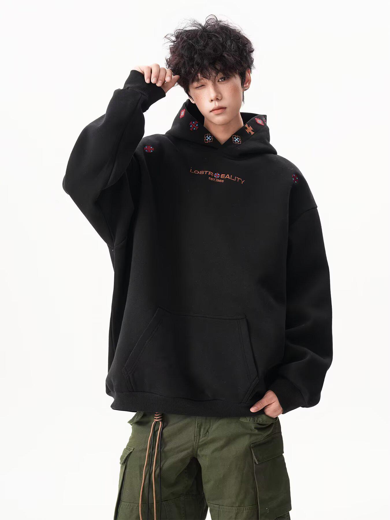 Men s Heavyweight Textured Embroidered Ethnic Hoodie - Autumn/Winter High Street Style Sport Jacket 2XL