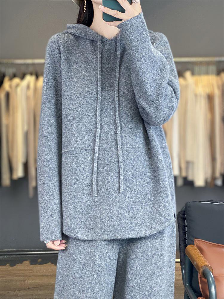 2026 Autumn/Winter Women's Pure Wool Hooded Knitwear & High Waist Wide-Leg Pants Set