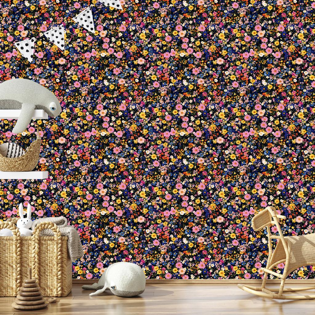 Wild Flowers Wallpaper Navy Blue and Brown for Living Room and Bedroom 50x1000