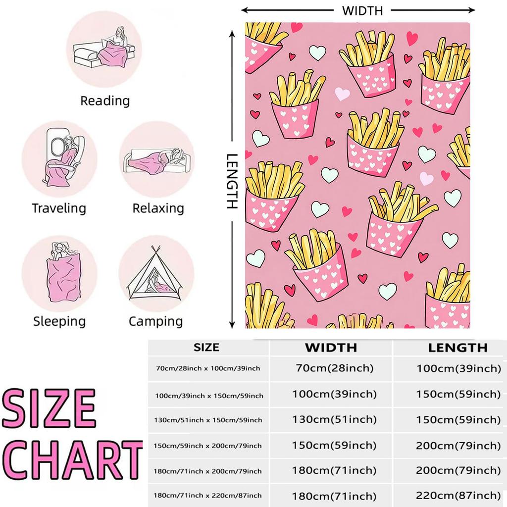1Pc Cartoon French Fries Printed Flannel Blanket In Multiple Sizes, Soft And Comfortable, Machine Washable Gift Blanket