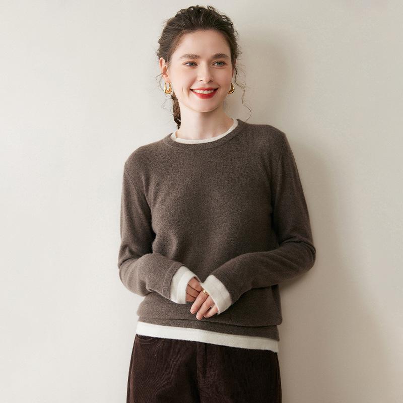 Women's Contrast Color Fake Two-Piece Cashmere Knit Sweater - Loose Fit, Round Neck, Autumn Winter Top