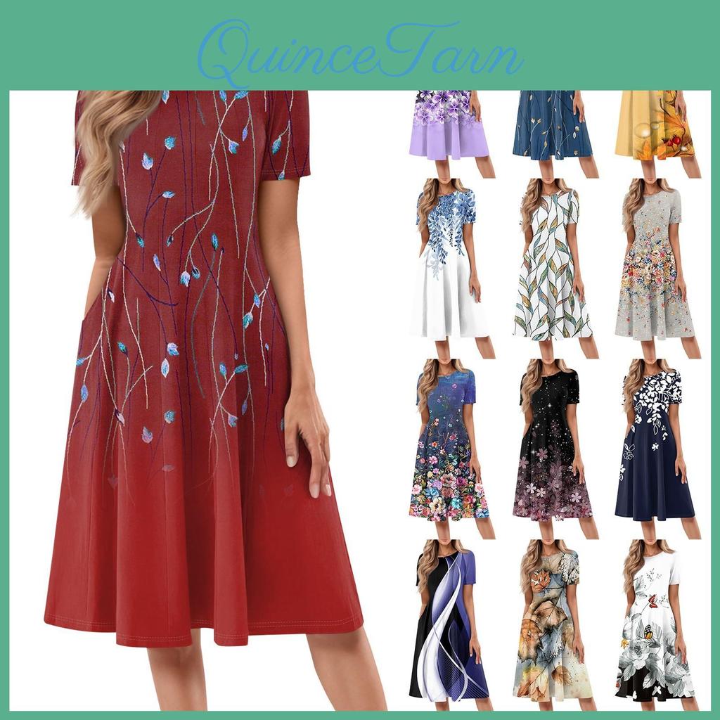 Round Fashionable And Ladies Casual Neck Short Sleeve Printing Mid Length Dress